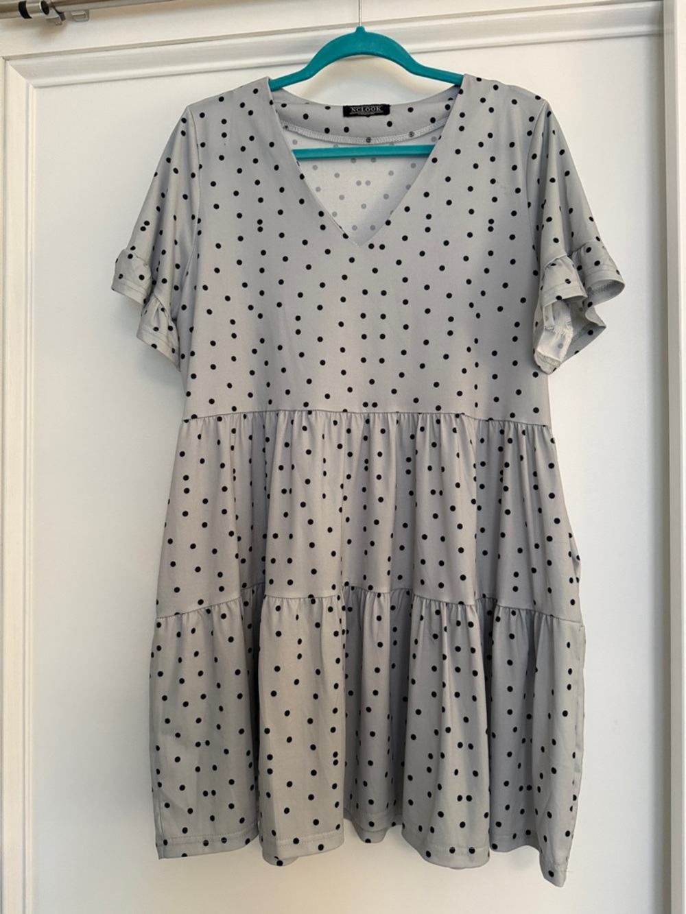 Polka Dot V-Neck Midi Dress - Light Gray with Black Dots